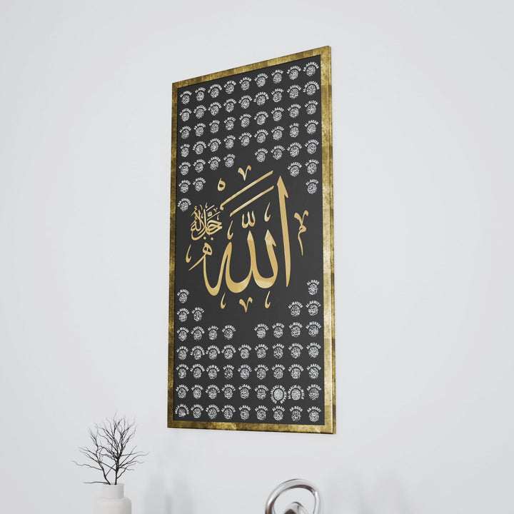 allahin-99-ismi-esmaul-husna-sulus-hat-altin-cerceveli-ahsap-tablo-islamicwallarttr