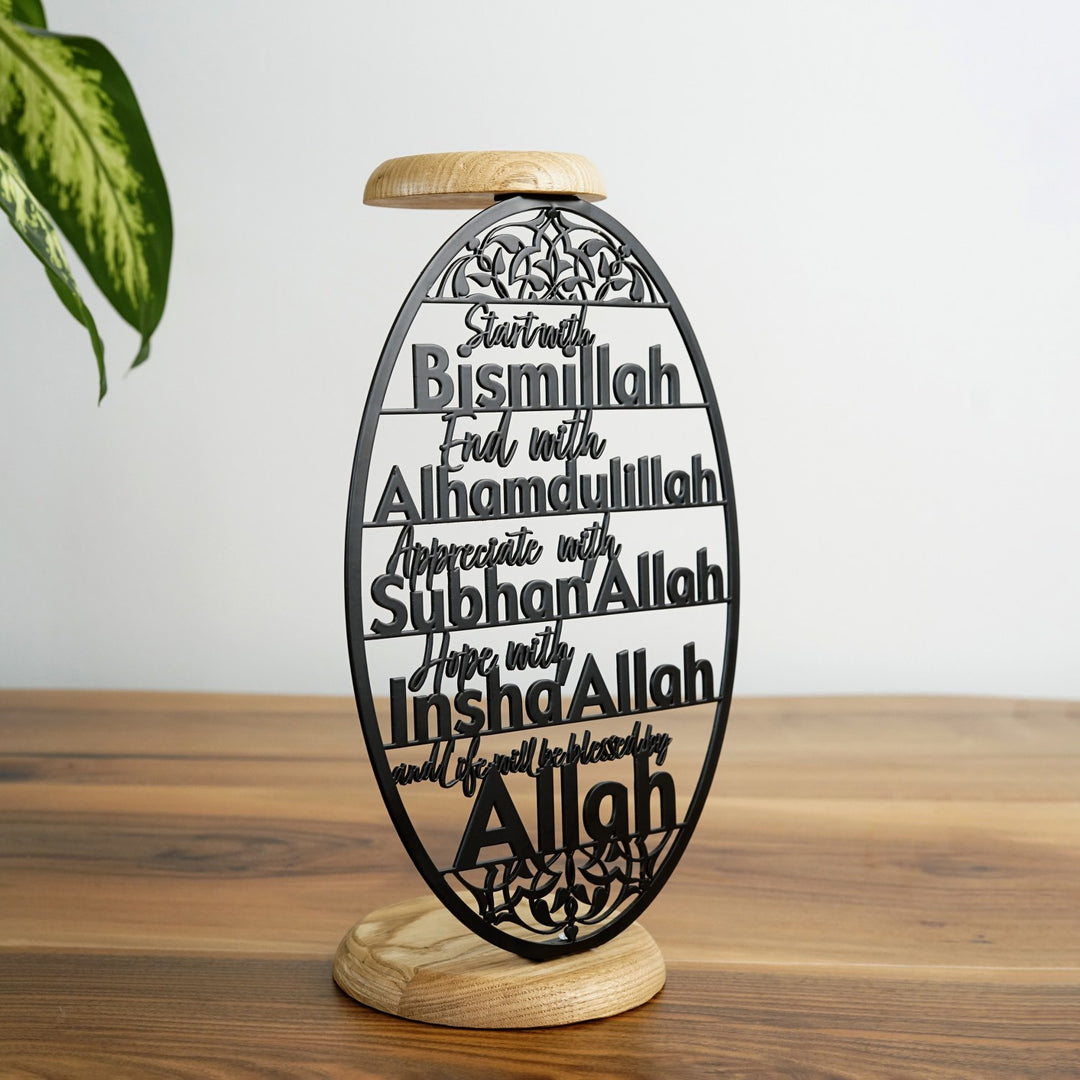 bismillah elhamdulillah subhanallah insallah yazili islami siyah metal mumluk alt ve ust kisminda mum koymak icin ahsap tablaya sahip islamicwallarttr