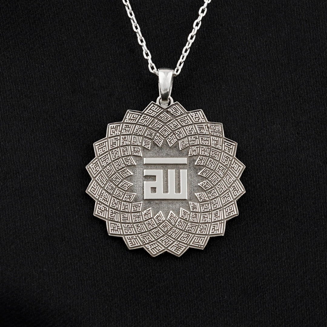 esmaul husna cicek seklinde tasarlanmis gumus kolye islamicwallart