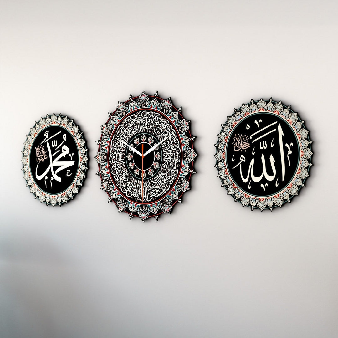 islamic-wall-decor-set-ayatul-kursi-clock-art-black-metal-islamicwallartstore