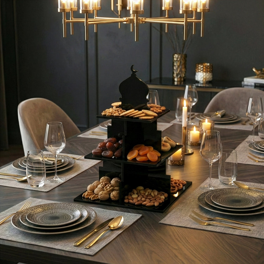 Ramazan Sunum Standı – Kubbe Formlu 3 Katlı Pleksi İftariyelik Tabağı