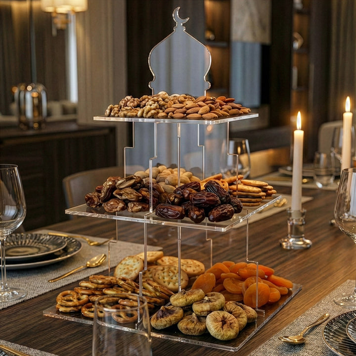 Ramazan Sunum Standı – Kubbe Formlu 3 Katlı Pleksi İftariyelik Tabağı