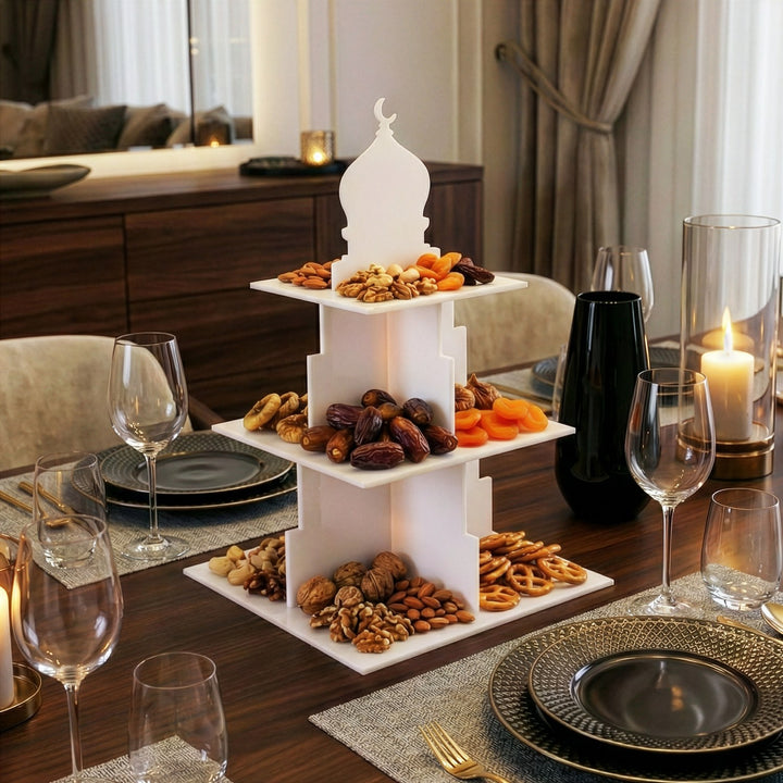 Ramazan Sunum Standı – Kubbe Formlu 3 Katlı Pleksi İftariyelik Tabağı