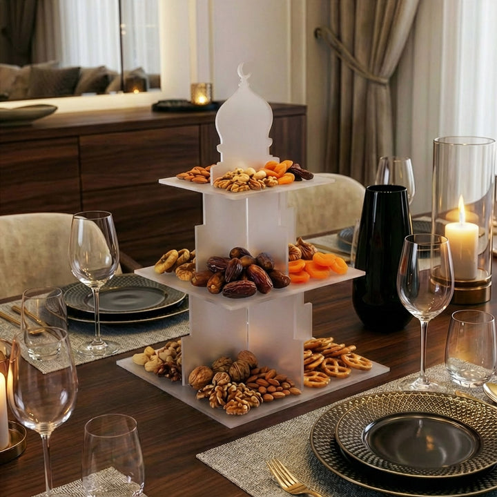 Ramazan Sunum Standı – Kubbe Formlu 3 Katlı Pleksi İftariyelik Tabağı