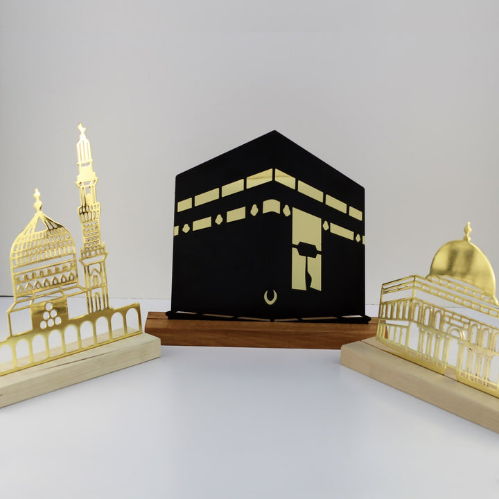 Kabe, Mescid-i Aksa ve Mescid-i Nebevi Ahşap Standlı Metal Dekor Seti
