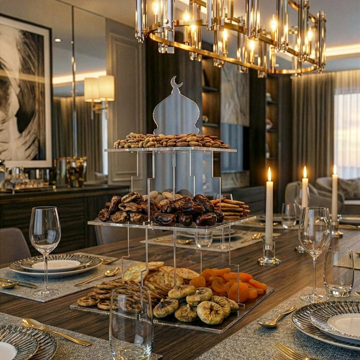 Ramazan Sunum Standı – Kubbe Formlu 3 Katlı Pleksi İftariyelik Tabağı