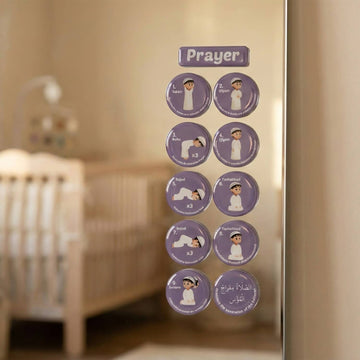 Erkekler için mor namaz sticker dizisi, bebek odasındaki aynaya yapıştırılmış