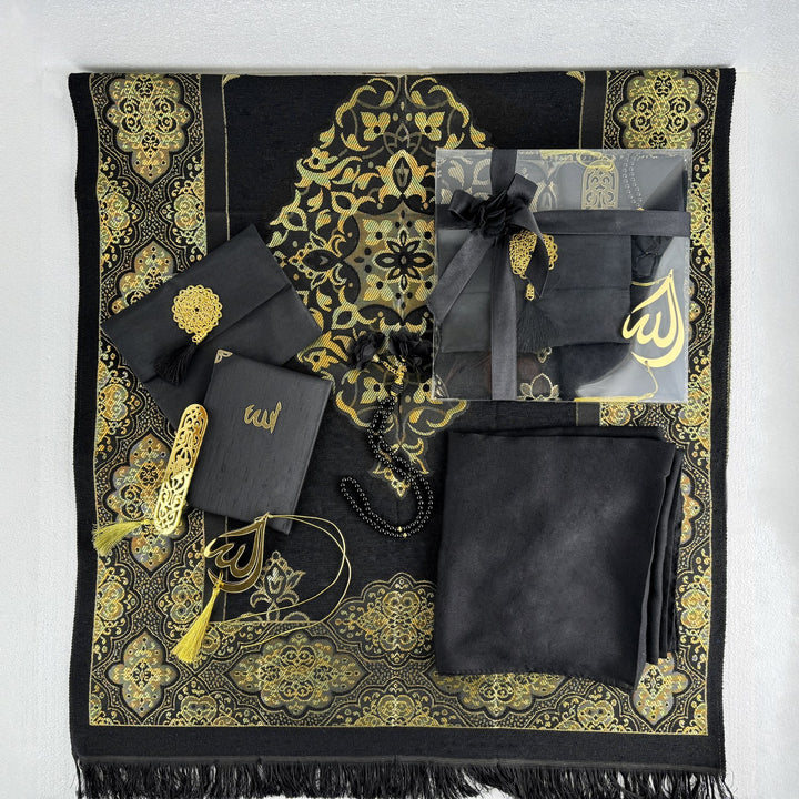 ramazan-hediyesi-olarak-siyah-seccade-ve-namaz-aksesuarlari-seti-ozel-kutulama-islamicwallart