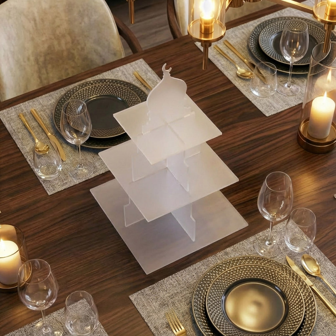 Ramazan Sunum Standı – Kubbe Formlu 3 Katlı Pleksi İftariyelik Tabağı