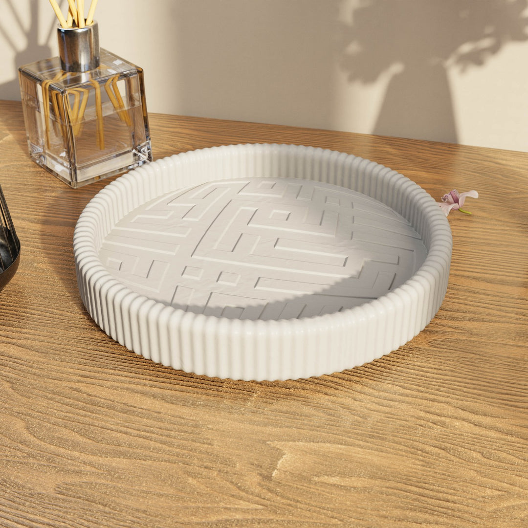 Besmele İşlemeli Yuvarlak Taş Tozu Dekoratif Tabak - Modern Kufi Hat