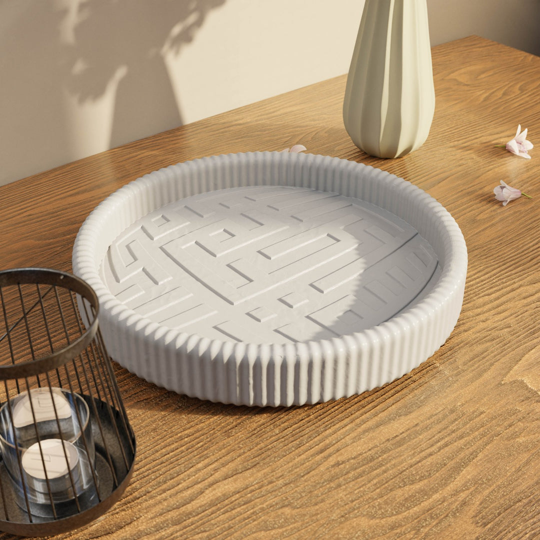 Besmele İşlemeli Yuvarlak Taş Tozu Dekoratif Tabak - Modern Kufi Hat