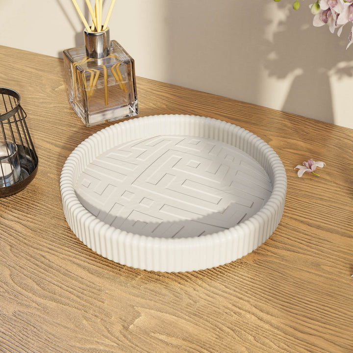 Besmele İşlemeli Yuvarlak Taş Tozu Dekoratif Tabak - Modern Kufi Hat