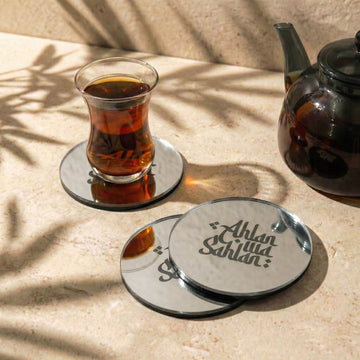 Latin harfli Ahlan wa Sahlan yazılı gümüş ayna akrilik bardak altlıkları, çay bardağı altında