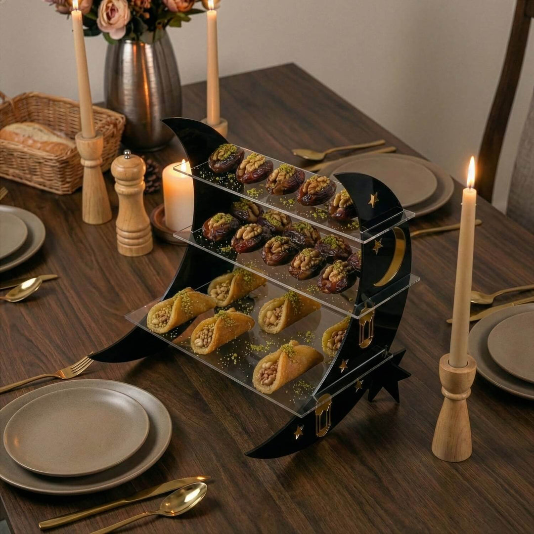 altin pleksi suslemeli akrilik 3 katli hilal tasarim ramazan servis standi islamicwallarttr