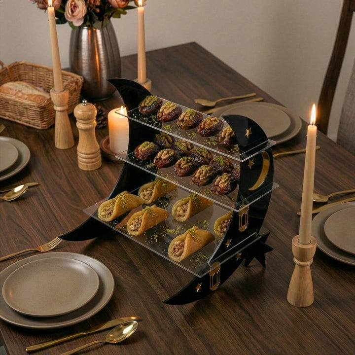 altin pleksi suslemeli akrilik 3 katli hilal tasarim ramazan servis standi islamicwallarttr