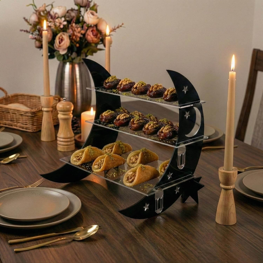 gumus pleksi suslemeli akrilik 3 katli hilal tasarim ramazan servis standi islamicwallarttr