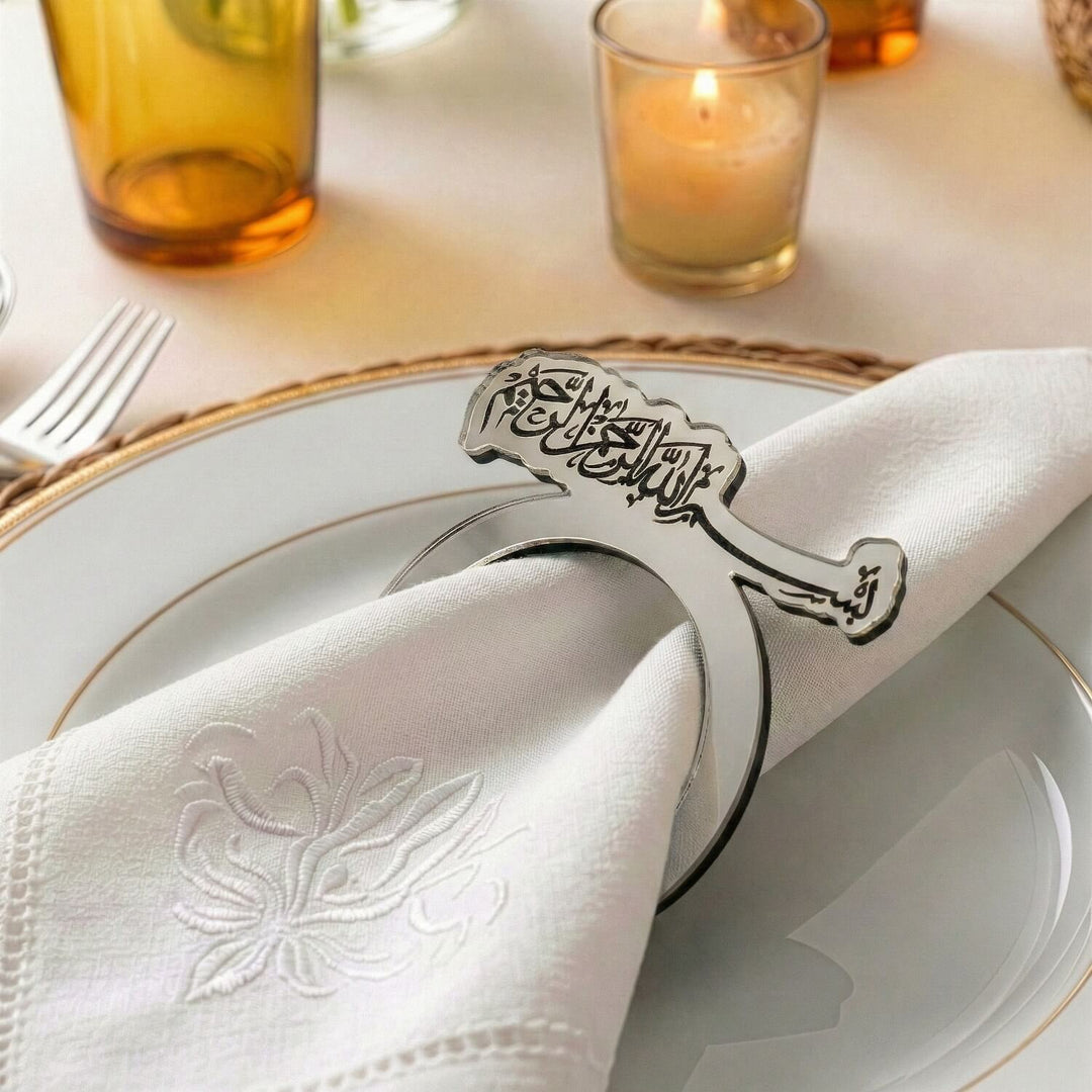 Besmele yazılı gümüş ayna akrilik peçete halkası, iftar sofrasında peçeteyi tutarken