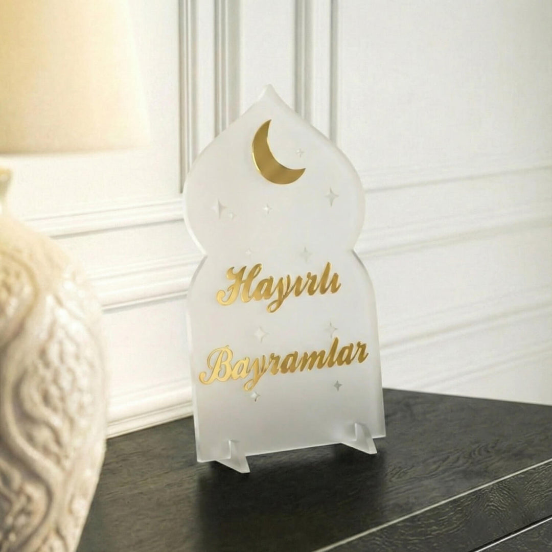 Hayırlı Bayramlar akrilik Ramazan masa üstü dekor, Buzlu üzeri Altın, Türkçe yazılı