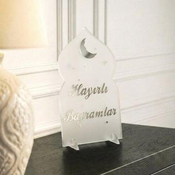 Hayırlı Bayramlar akrilik Ramazan masa üstü dekor, Buzlu üzeri Gümüş, Türkçe yazılı