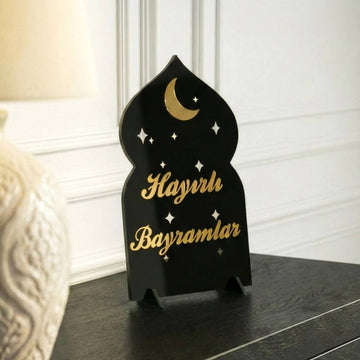 Hayırlı Bayramlar akrilik Ramazan masa üstü dekor, Siyah üzeri Altın, Türkçe yazılı