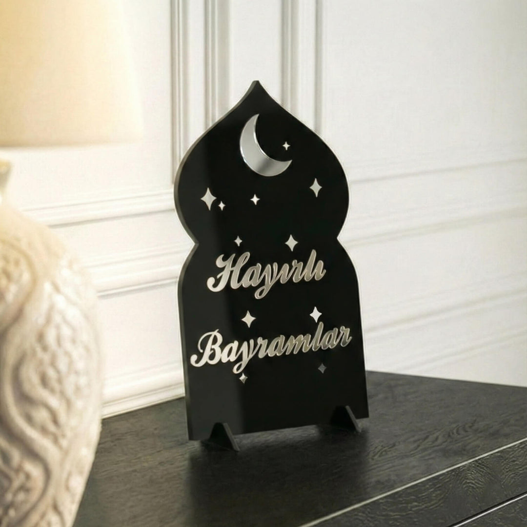 Hayırlı Bayramlar akrilik Ramazan masa üstü dekor, Siyah üzeri Gümüş, Türkçe yazılı