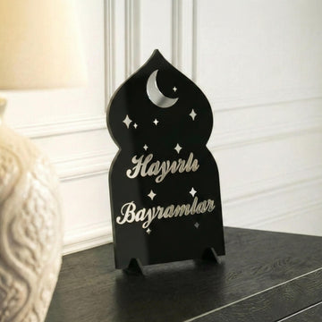 Hayırlı Bayramlar akrilik Ramazan masa üstü dekor, Siyah üzeri Gümüş, Türkçe yazılı