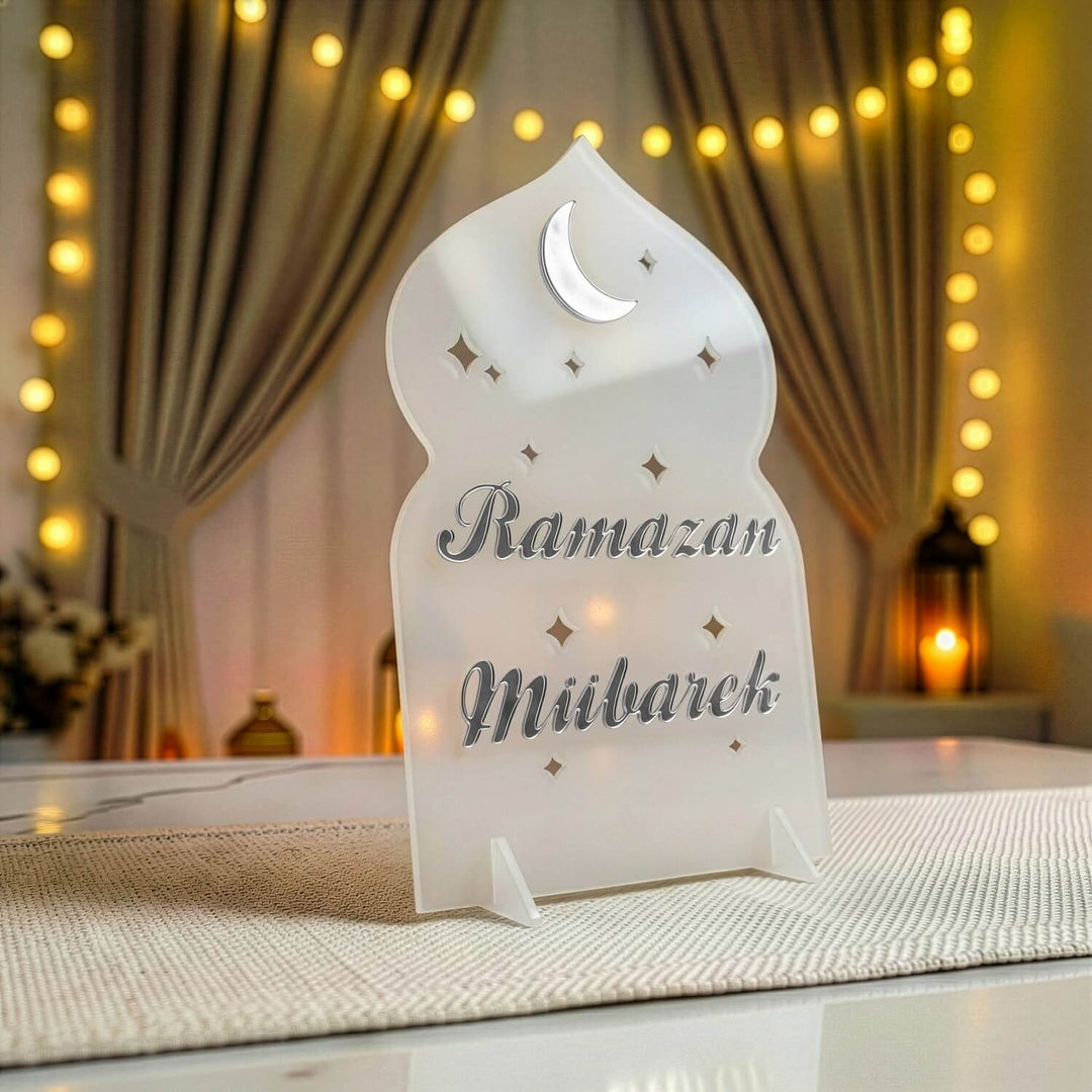 Ramazan Mübarek akrilik Ramazan masa üstü dekor, Buzlu üzeri Gümüş, Türkçe yazılı