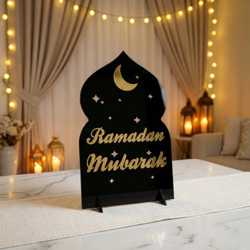Ramazan Mübarek akrilik Ramazan masa üstü dekor, Siyah üzeri Altın, İngilizce yazılı