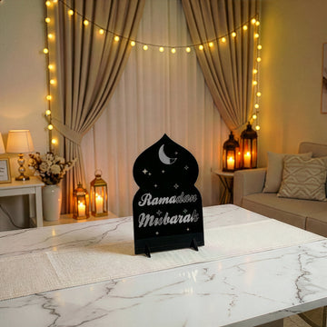 Ramazan Mübarek akrilik Ramazan masa üstü dekor, Siyah üzeri Gümüş, İngilizce yazılı