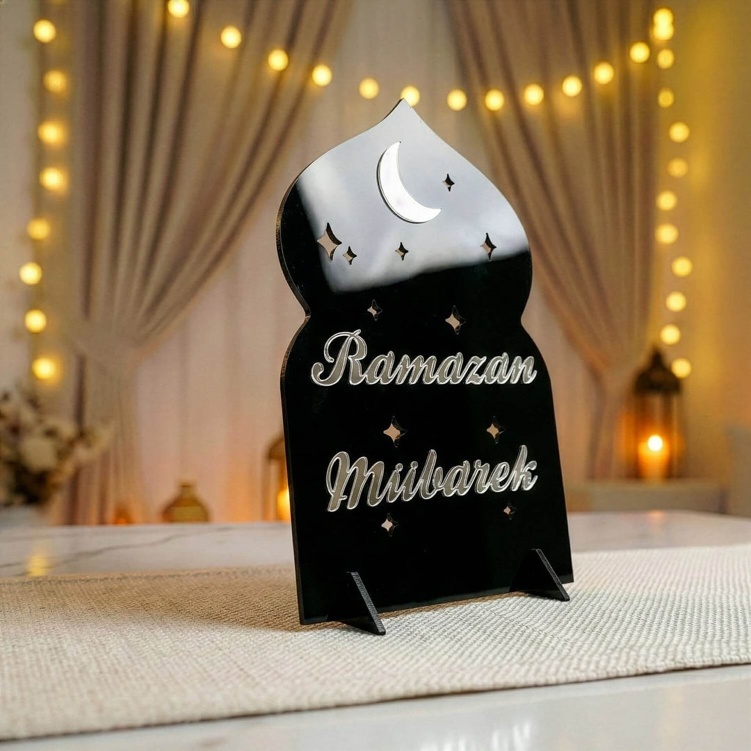 Ramazan Mübarek akrilik Ramazan masa üstü dekor, Siyah üzeri Gümüş, Türkçe yazılı