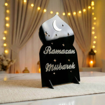Ramazan Mübarek akrilik Ramazan masa üstü dekor, Siyah üzeri Gümüş, Türkçe yazılı