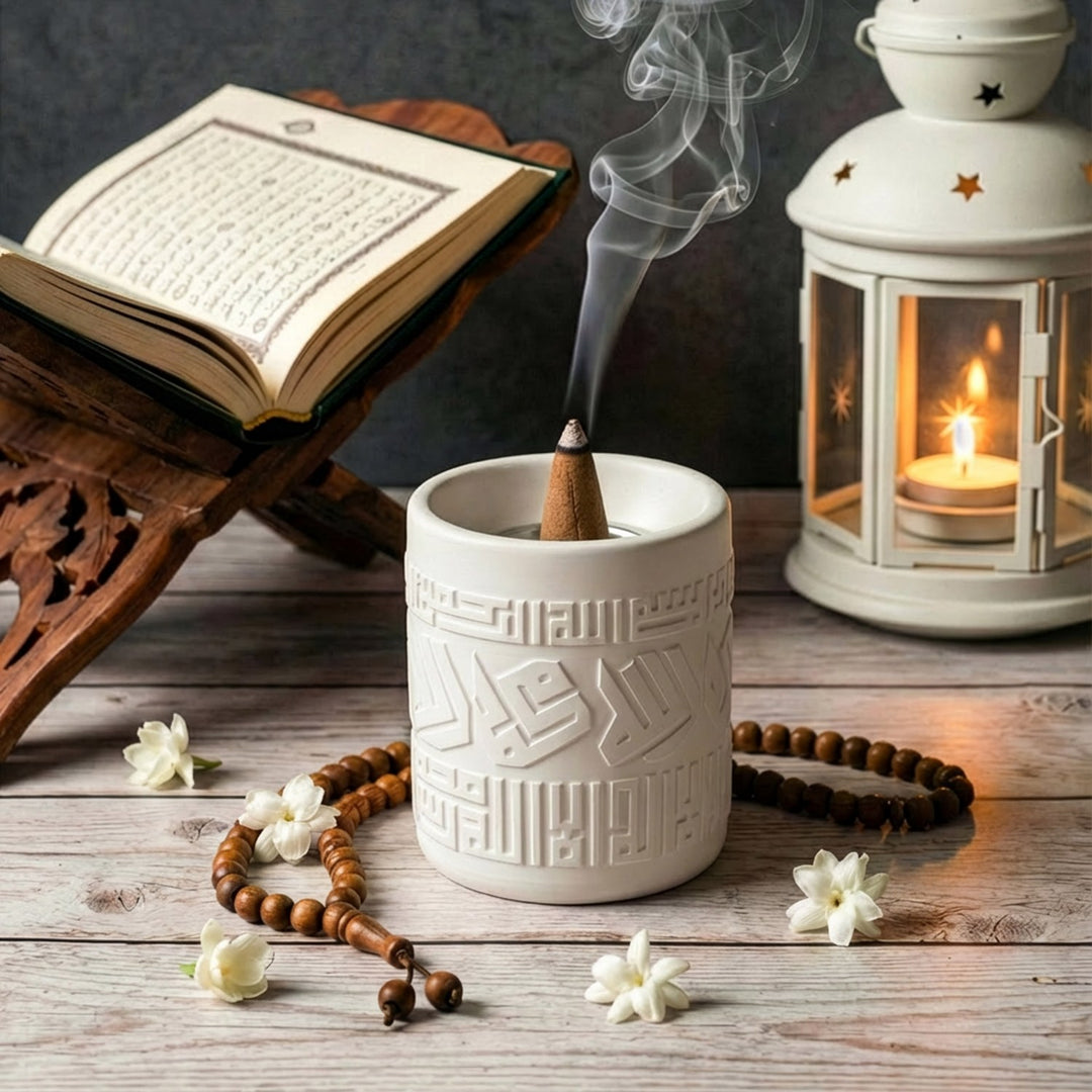 allah muhammed lafizlarinin kufi hat ile islendigi beyaz tas buhurddanlik islamicallarttr