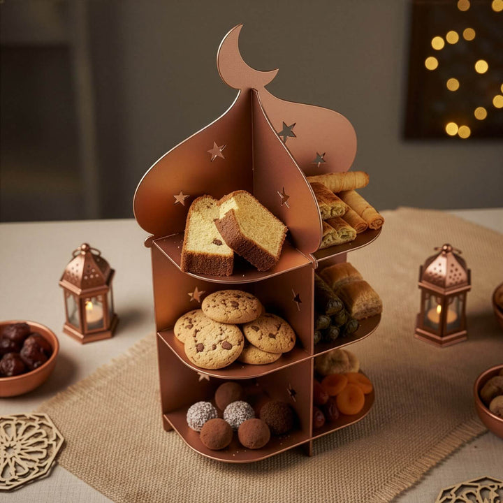 Ramazan Metal Sunum Standı – 3 Katlı Minare Tasarım İftariyelik Tabağı