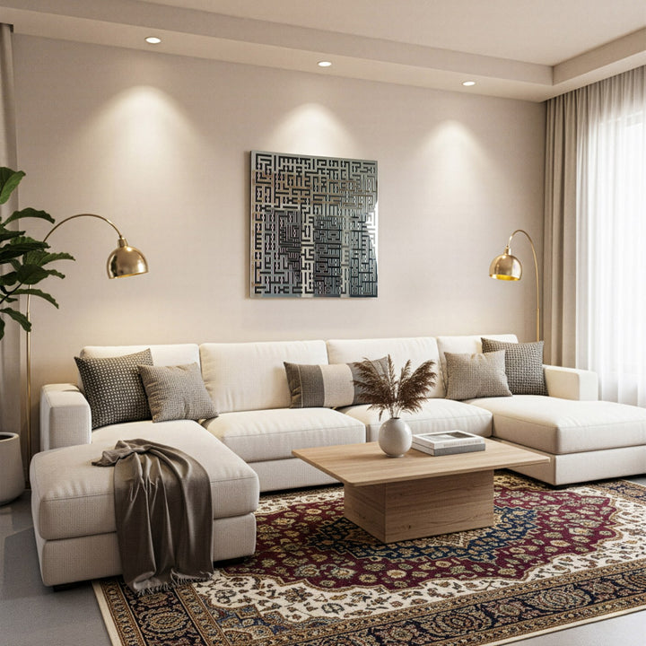 siyah ahsap zemin uzerine gumus renk pleksi akrilik islenerek olusturulan ayetel kursi kufi hat tablo islamicwallarttr