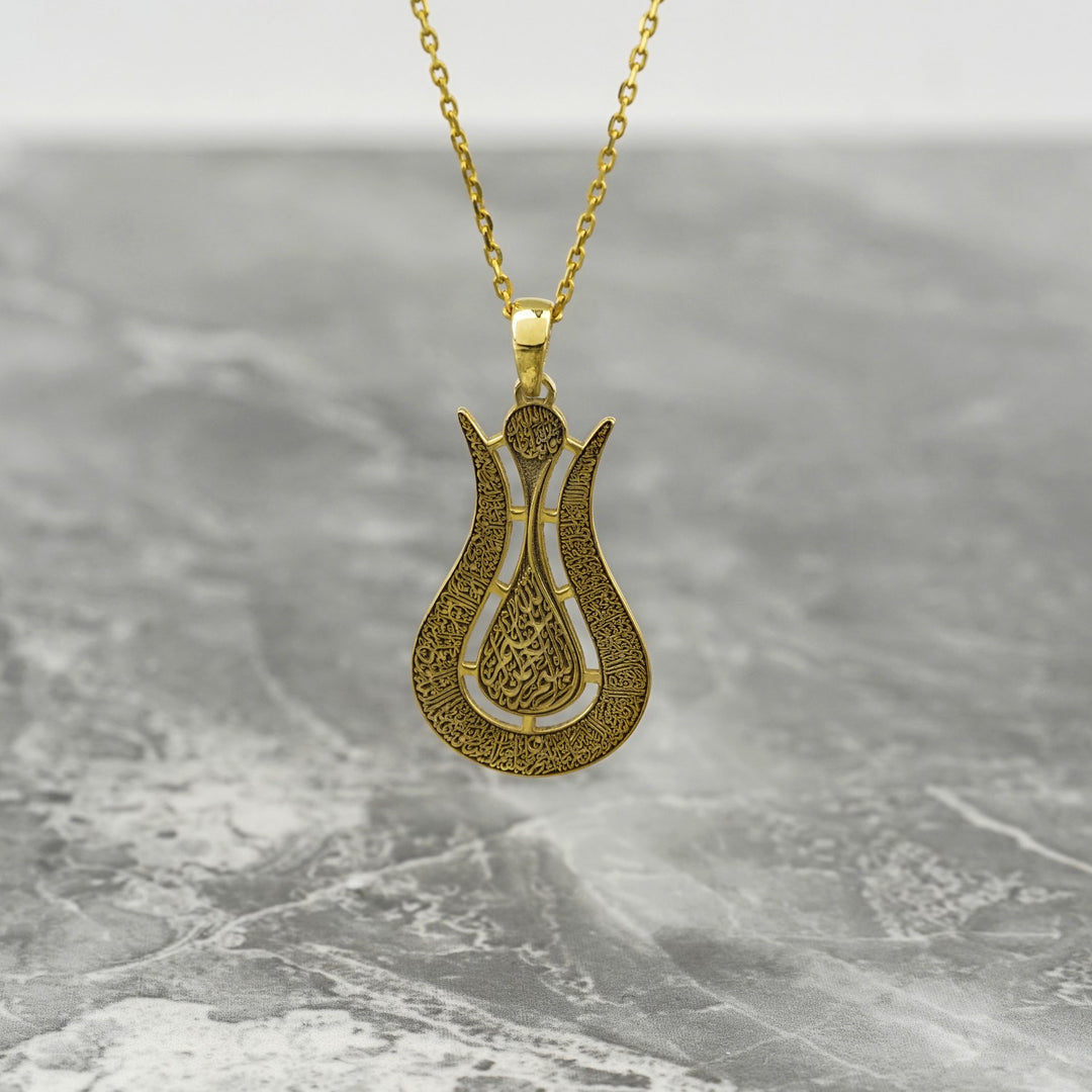 ayetel kursi 18 ayar altin kaplama lale sekilli gumus kolye islamicwallart