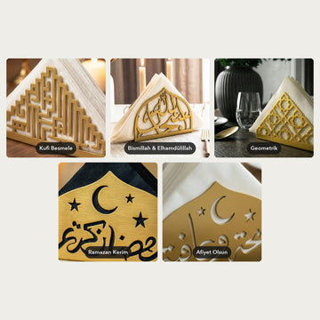 Metal peçetelik, tüm tasarımlar: Kufi Besmele, Bismillah & Elhamdülillah, Geometrik, Ramazan Kerim, Afiyet Olsun
