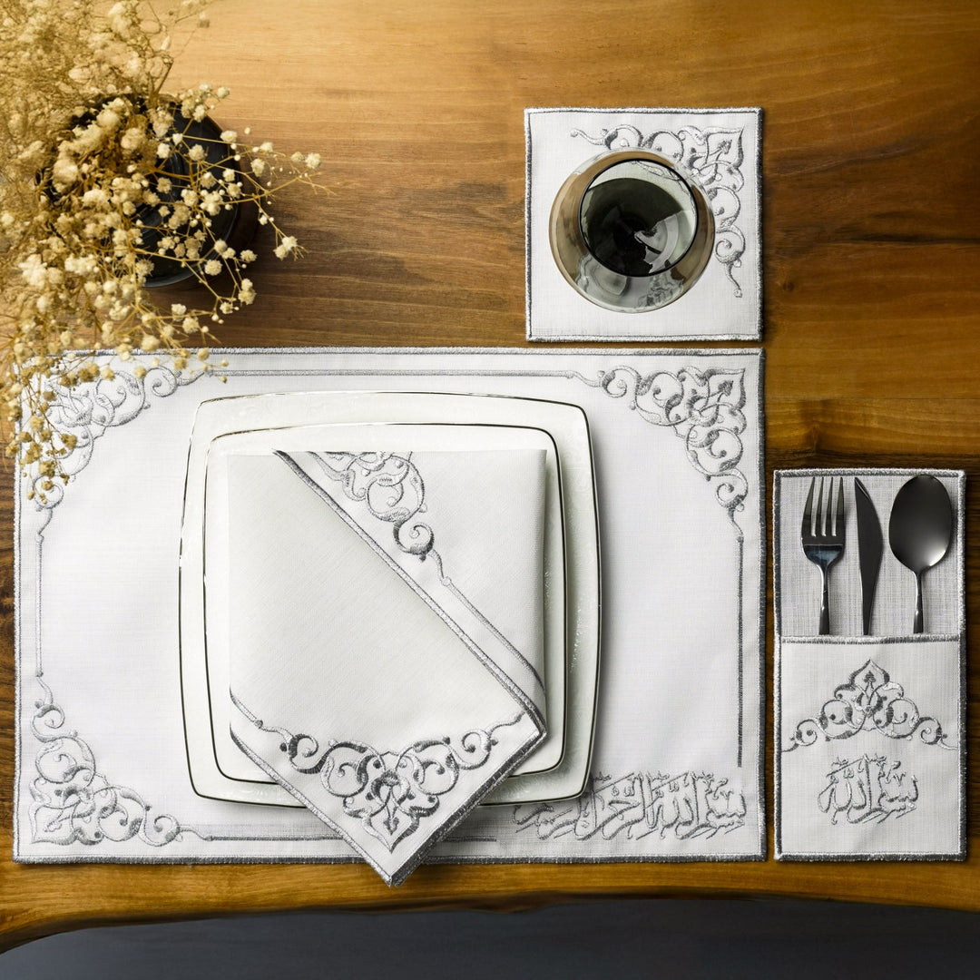 besmele nakisli ramazan sofra seti kokteyl pecete amerikan servis catal bicak kesesi ve servis pecetelerinden  olusur islamicwallarttr