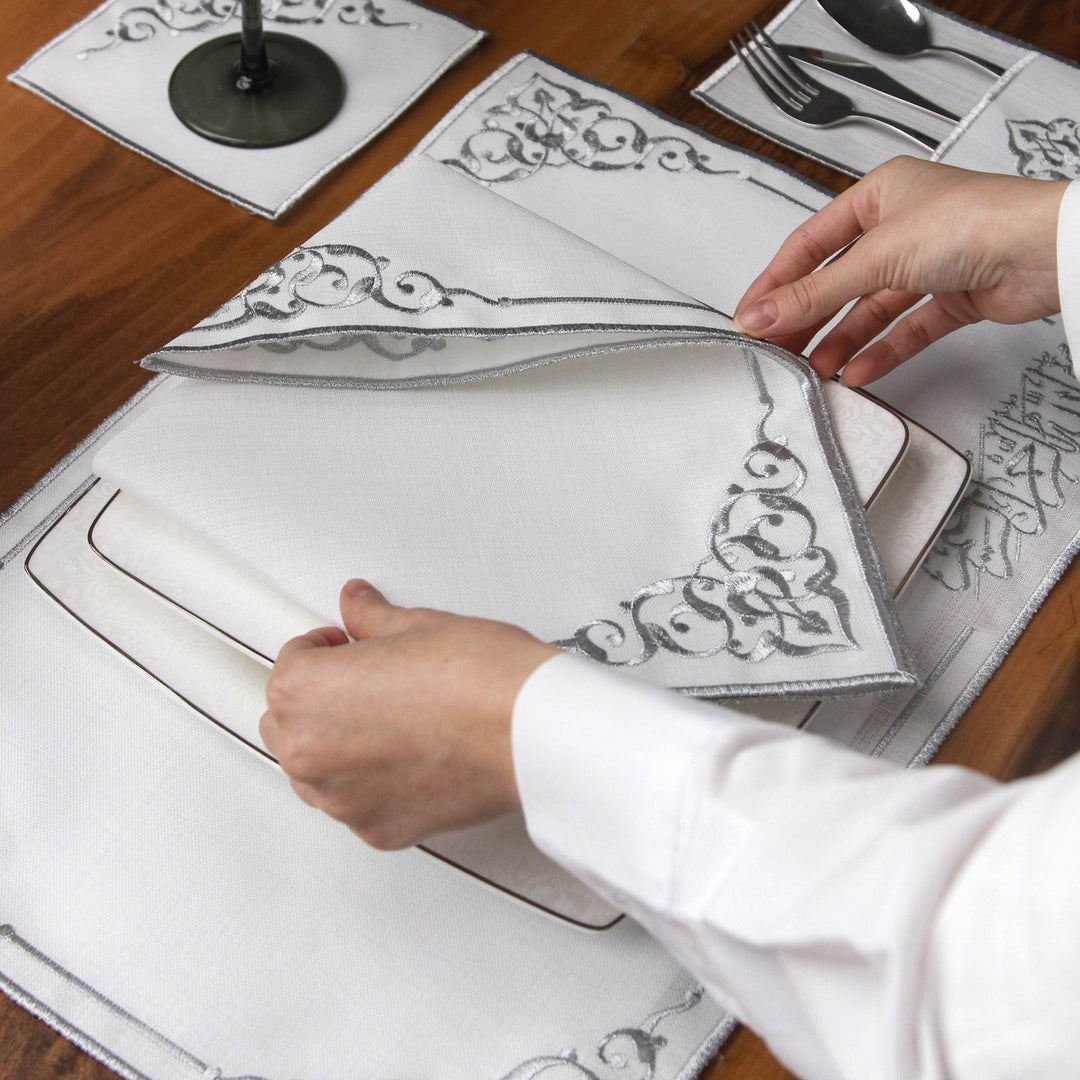 besmele islemeli ramazan sofra seti beyaz gardenya kumas uzerine gumus nakis ile zariftir islamicwallarttr 