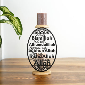 Bismillah, Elhamdülillah, Sübhanallah ve İnşallah yazılı siyah metal mumluk, kahverengi mumla