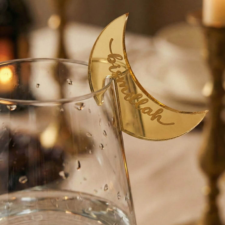 Hilal Formlu Akrilik Bardak Süsü – Modern İslami Sofra Aksesuar Seti