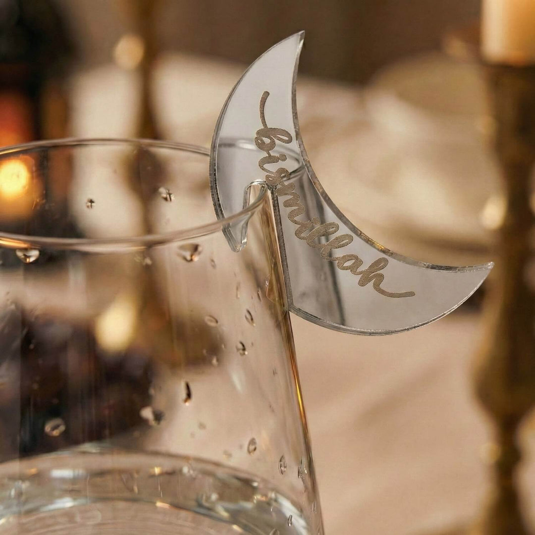Hilal Formlu Akrilik Bardak Süsü – Modern İslami Sofra Aksesuar Seti