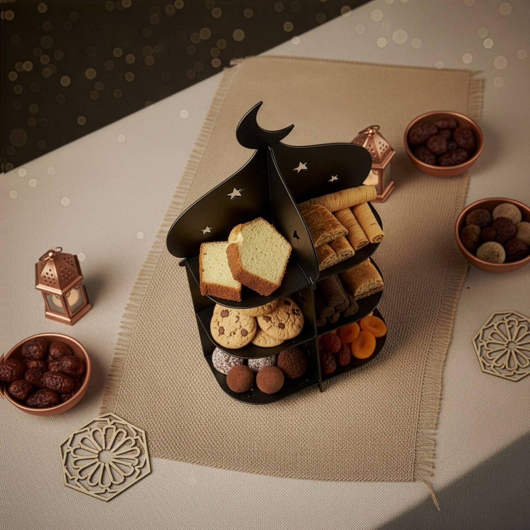 Ramazan Metal Sunum Standı – 3 Katlı Minare Tasarım İftariyelik Tabağı