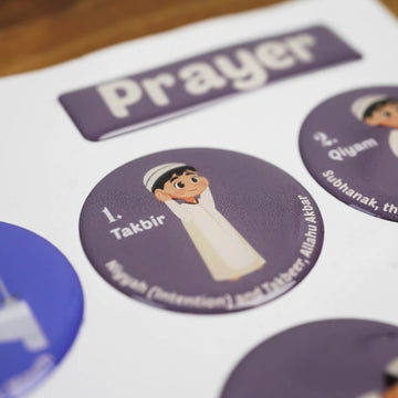 Erkek çocuk figürlü mor namaz sticker, tekbir adımının 3D epoksi yüzeyle yakın çekimi
