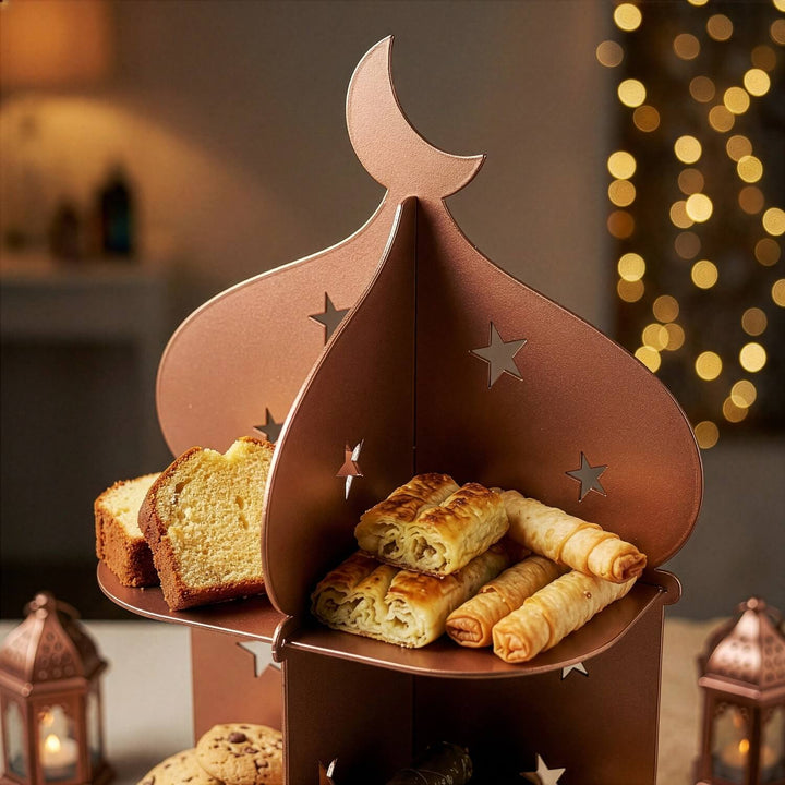 Ramazan Metal Sunum Standı – 3 Katlı Minare Tasarım İftariyelik Tabağı