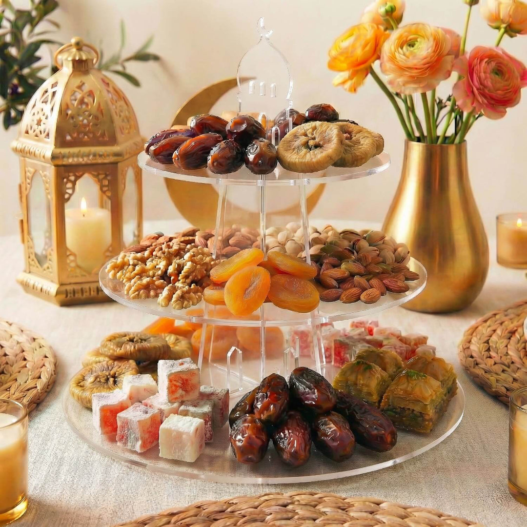 Ramazan İkramlık Servis Standı - Yuvarlak 3 Katlı Akrilik Sunumluk