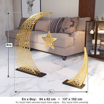 Doğan Ramazan Hilali & Yıldız Metal Dekor Seti ölçüleri: 84 x 62 cm ve 137 x 102 cm (en: büyük hilalin solundan küçük hilalin sağına, boy: büyük hilalin yüksekliği)