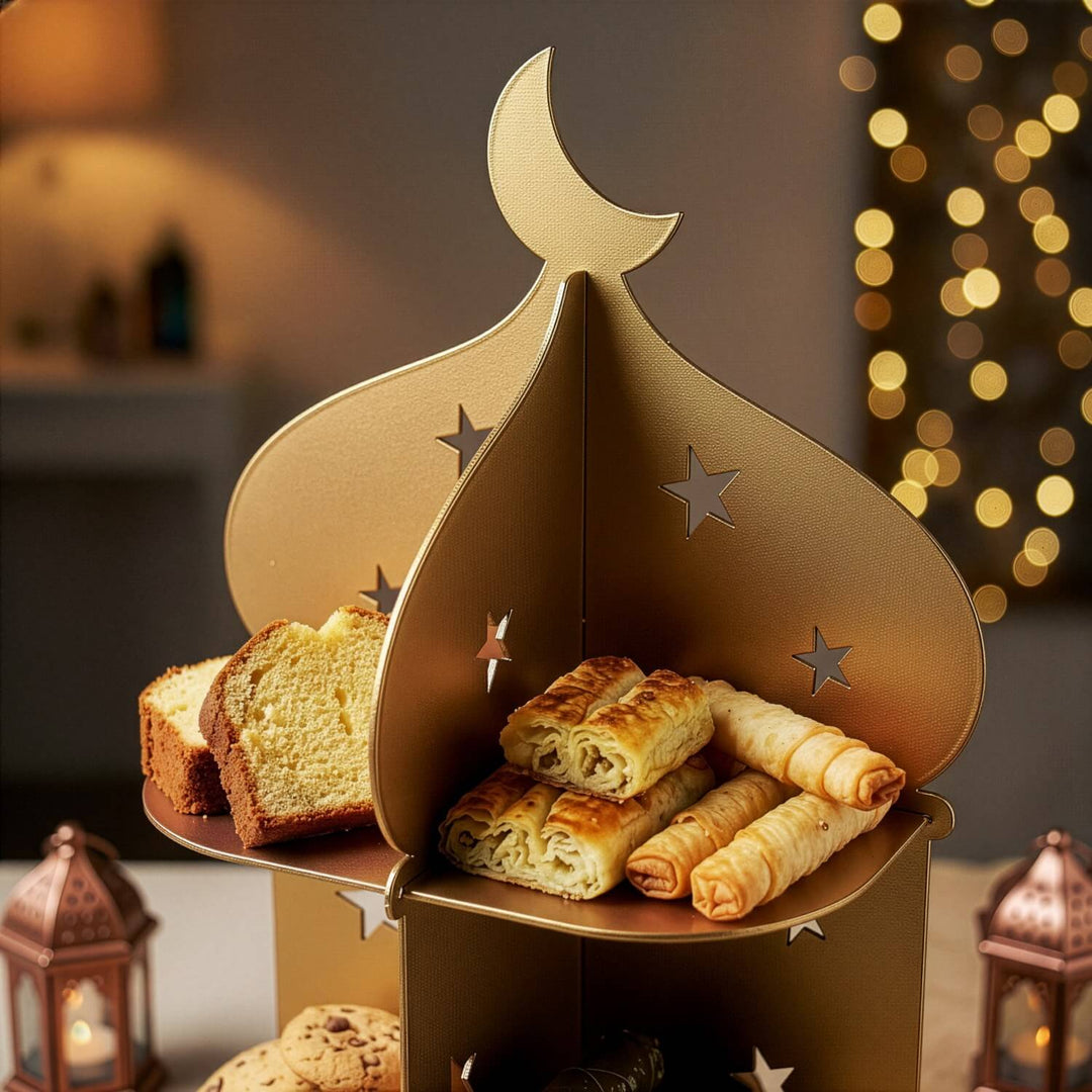 Ramazan Metal Sunum Standı – 3 Katlı Minare Tasarım İftariyelik Tabağı