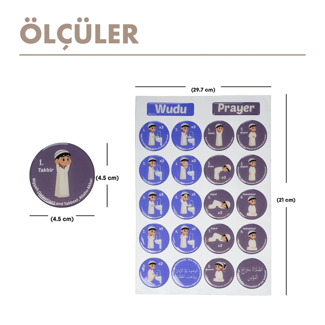 Erkekler için abdest ve namaz sticker seti ölçüleri: 29,7 x 21 cm sayfa, 4,5 cm etiket