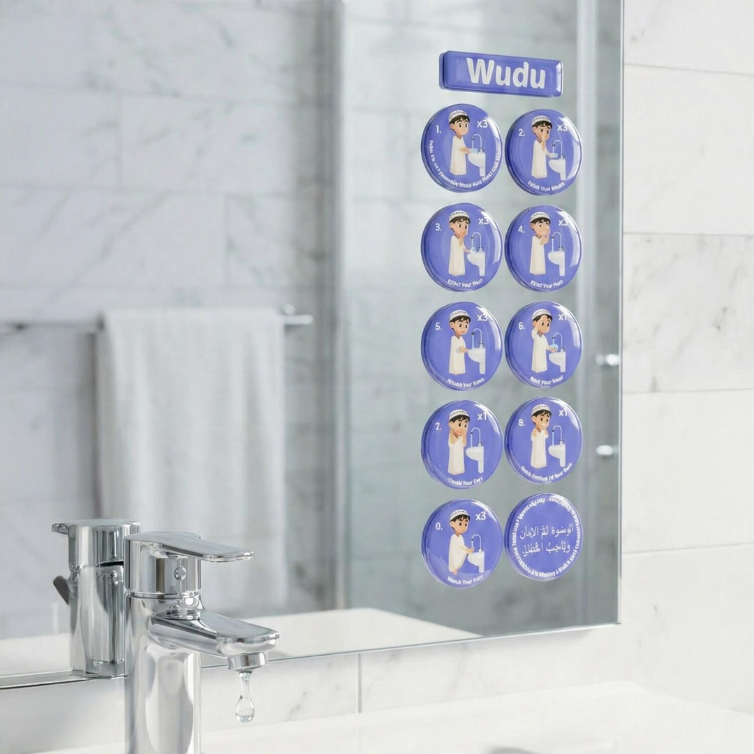 Erkekler için mavi abdest stickerları, banyo aynasında dizili, musluk yanında