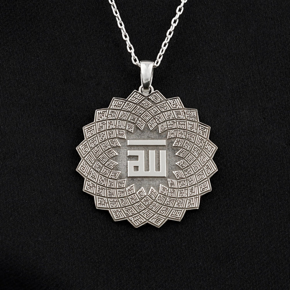esmaul husna cicek seklinde tasarlanmis gumus kolye islamicwallart